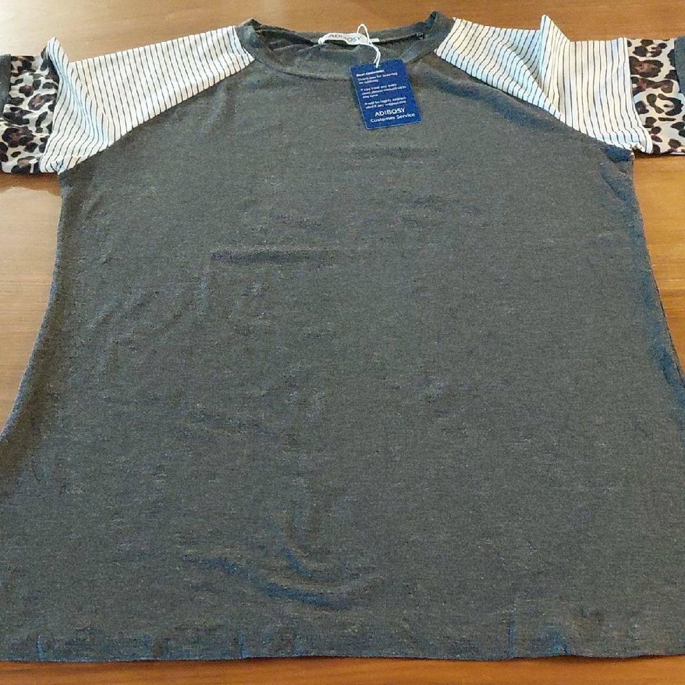 Charcoal Raglan Tee with Striped and Leopard Sleeves